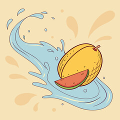 Vector art of a lively illustration depicts a mango and a slice of watermelon amidst a dynamic splash of water, capturing the essence of a refreshing and fruity summer treat