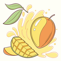 Illustration of a whole mango and a sliced mango with juice the mango is a tropical fruit that is sweet and juicy, and it is often used in desserts