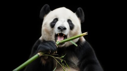 Giant Panda Eating Bamboo on a Black Background, Wild animals and wildlife conservation initiatives