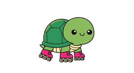 Cute cartoon green turtle wearing pink roller skates
