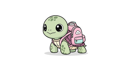 Cute cartoon turtle with a pink backpack, , suitable for childrens education and animal themes