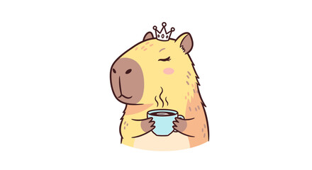 Cute cartoon capybara wearing a small crown and holding a steaming cup of coffee