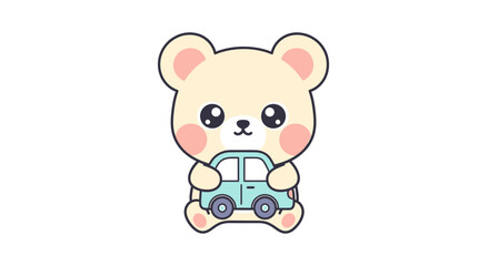 Cute cartoon teddy bear holding a small blue toy car, , kawaii style illustration