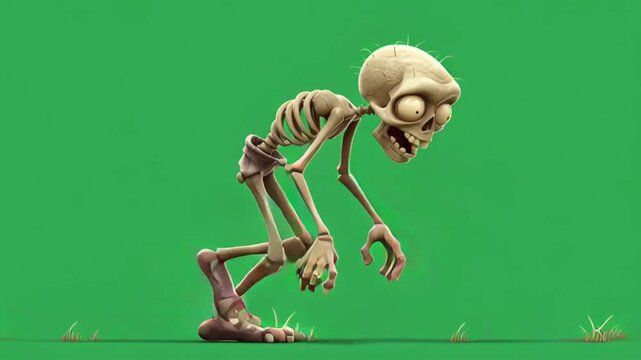 Animated skeleton monster shambling forward with spooky cartoon style and , green screen background, chroma key, chroma&nbsp; keying.