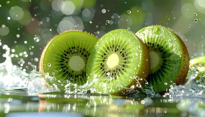Water splash with kiwis