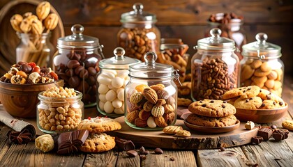 Assortment of nuts, chocolates, and cookies arranged in glass jars on a wooden table