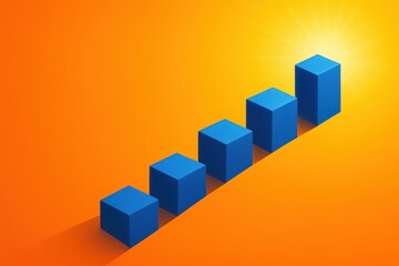 Fototapeta premium Ascending blue cubes on bright orange background with sunlight representing business growth statistics success and financial progress