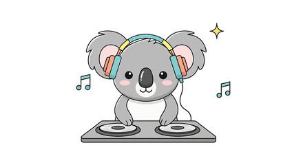 Naklejka premium Cute cartoon koala wearing headphones and djing on a turntable, , with musical notes and a sparkle