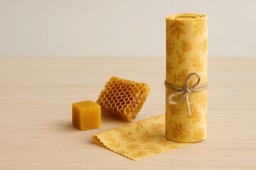Beeswax wrap roll with floral print and honeycomb on light wooden table ideal for eco packaging advertising and sustainable food storage concepts