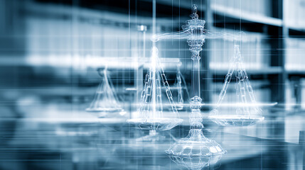 Digital representation of justice scales with transparent, futuristic design in a high-tech environment