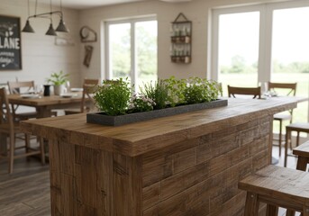 Rustic Kitchen with Wooden Table and Fresh Herbs in Bright Natural Light