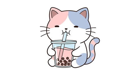 Cute cartoon cat drinking bubble tea