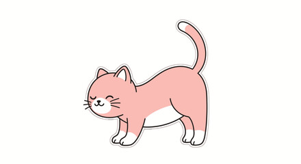 Cute pink cartoon cat with closed eyes, standing and looking to the side