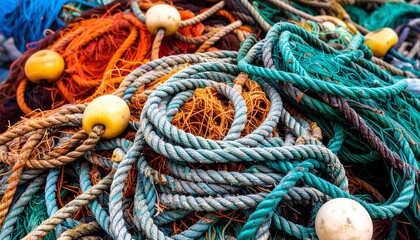 Tangled pile of colorful nautical ropes, twine, & nets with spherical buoys intermixed