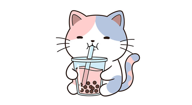 Cute cartoon cat drinking bubble tea