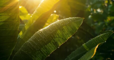 Receiving golden sunlight, banana leaf with dew droplets glistening in tropical garden, sun flare - Powered by Adobe