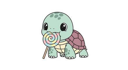 Cute cartoon baby turtle eating a colorful lollipop