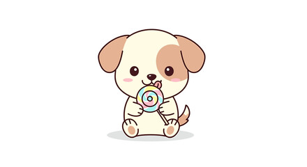 Cute cartoon puppy dog sitting and eating a colorful lollipop, , adorable illustration for children and pet lovers, simple and sweet design