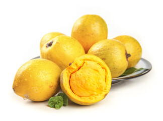 Fresh Yellow Passion Fruits with Creamy Pulp on White Background