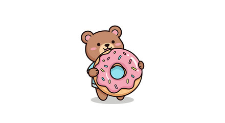 Cute cartoon bear holding a large pink frosted donut with sprinkles
