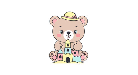 Cute teddy bear wearing a hat and building a sandcastle on the beach