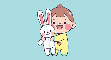Adorable cartoon baby character joyfully hugging a soft white bunny toy, depicting innocent childhood playtime and comfort on a light blue background for nursery themes