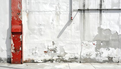 Distressed Concrete Wall with Red Column and Weathered Paint Textures for Urban Grunge Backgrounds and Industrial Design Photography Full Frame