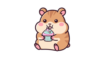 Cute cartoon hamster eating a cupcake