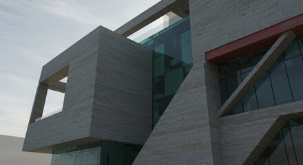 Fototapeta premium Modern Brutalist Architecture with Geometric Concrete Forms and Glass Facade