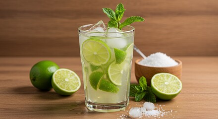 A refreshing cocktail with lime slices, mint, and ice, alongside fresh limes and sugar.