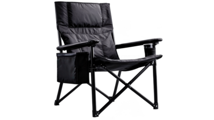 A black folding camping chair with a cup holder and side pocket on a black background in a studio