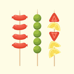 Delicious skewers featuring sausages fruit and round green objects.