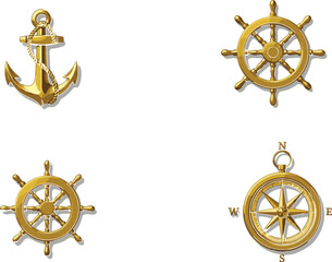 Golden nautical icons set, including anchor, ship wheels, and compass, perfect for marine themes, sailing design, ocean travel, and sea navigation