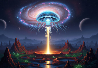 Cosmic jellyfish ascends from alien landscape emitting radiant light into a starry nebula sky