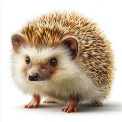 Fototapeta premium A realistic image of a hedgehog with brown and white fur, small eyes, and short legs, isolated on a white background with a soft shadow.