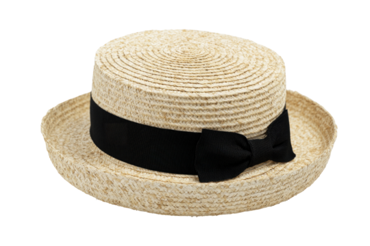 Beige straw hat with black ribbon bow