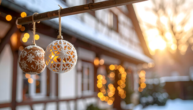 Intricate Handmade Christmas Ornaments Glowing Warmly at Sunset Before a Snowy Half-Timbered House.