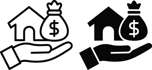 Real Estate Investment Icon with House and Money Bag, Representing Property and Financial Gains, Held in a Hand Symbolizing Ownership