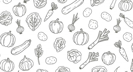 Seamless pattern featuring hand-drawn outline illustrations of various vegetables including pumpkins, carrots, lettuce, onions, potatoes, zucchini, cabbage, ...