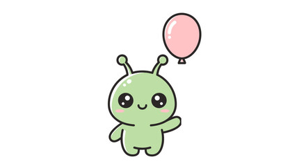 Cute cartoon green alien character with big eyes and antennae, waving happily and holding a pink balloon