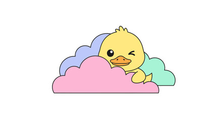 Cute cartoon yellow duckling peeking from behind colorful pastel clouds, , adorable baby bird illustration for childrens themes