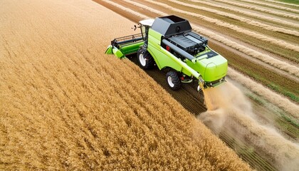 Obraz premium Drone view of harvester machine harvesting wheat in America. AI generated image.