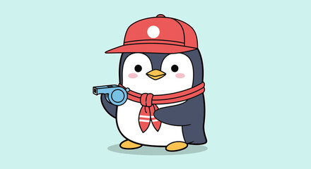 Cute cartoon penguin wearing a red cap and scarf, holding a whistle, representing a coach or referee, with a friendly expression and a light blue background