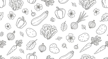 Fototapeta premium Seamless pattern of hand-drawn vegetables and flowers, monochrome line art design.