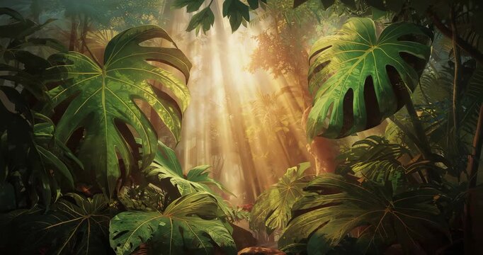 Penetrating sunlight beams bathing philodendron leaves in tropical forest, dancing dust