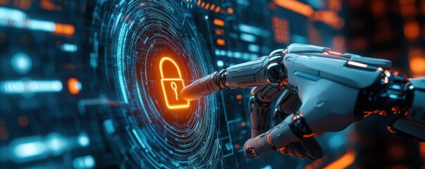 Cybernetic Security Protocol Robot Hand Activating Digital Lock on Futuristic Screen