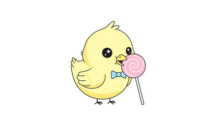 Cute cartoon chick eating a lollipop