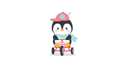 Cute cartoon penguin wearing a pink cap and scarf, riding a pink tricycle