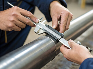 Measuring metal pipe diameter with caliper tool by worker hands in industrial workshop