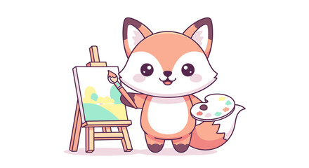 Cute cartoon fox artist painting a landscape on an easel, holding a palette and brush